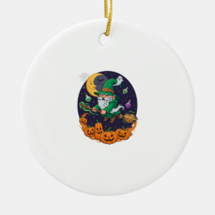 Halloween Witch Gnome Broomstick Pumpkins Moon Ceramic Ornament