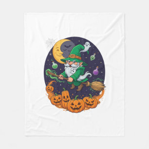 Halloween Witch Gnome Broomstick Pumpkins Moon Fleece Blanket