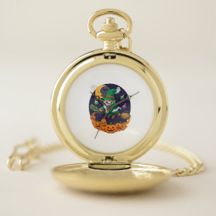 Halloween Witch Gnome Broomstick Pumpkins Moon Pocket Watch