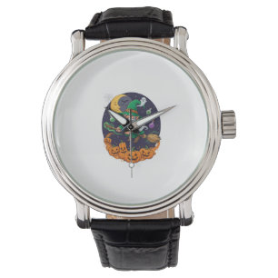 Halloween Witch Gnome Broomstick Pumpkins Moon Watch