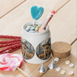 Halloween Witch Golden Retriever Puppy Pumpkins Candy Jar