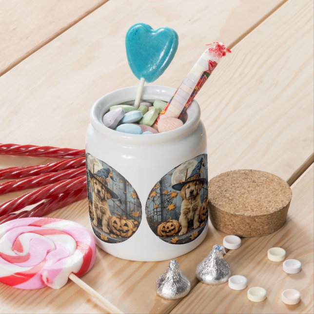 Halloween Witch Golden Retriever Puppy Pumpkins Candy Jar (In Situ)