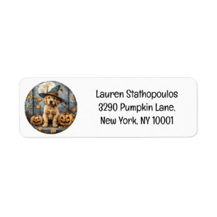 Halloween Witch Golden Retriever Puppy Pumpkins Label