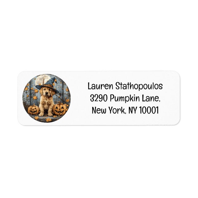 Halloween Witch Golden Retriever Puppy Pumpkins Label (Front)
