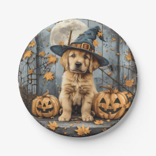 Halloween Witch Golden Retriever Puppy Pumpkins Paper Plates