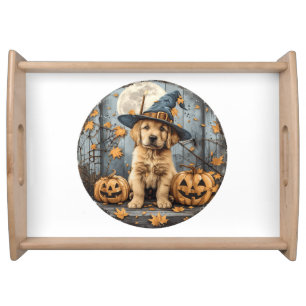 Halloween Witch Golden Retriever Puppy Pumpkins Serving Tray