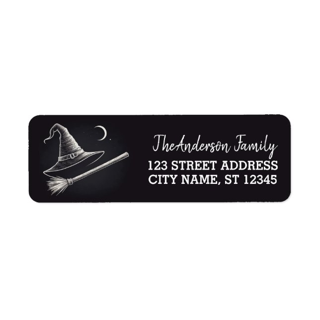 Halloween witch hat and broom Moon Return Address Label (Front)