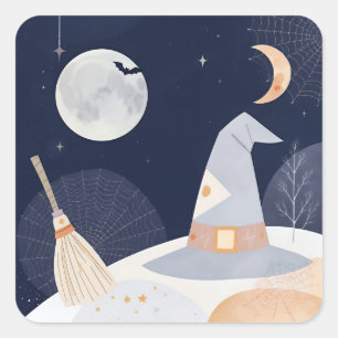 Halloween Witch Hat and Moon Night Square Sticker
