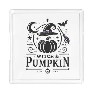 Halloween Witch Hat and Pumpkin Design Magic Art Acrylic Tray