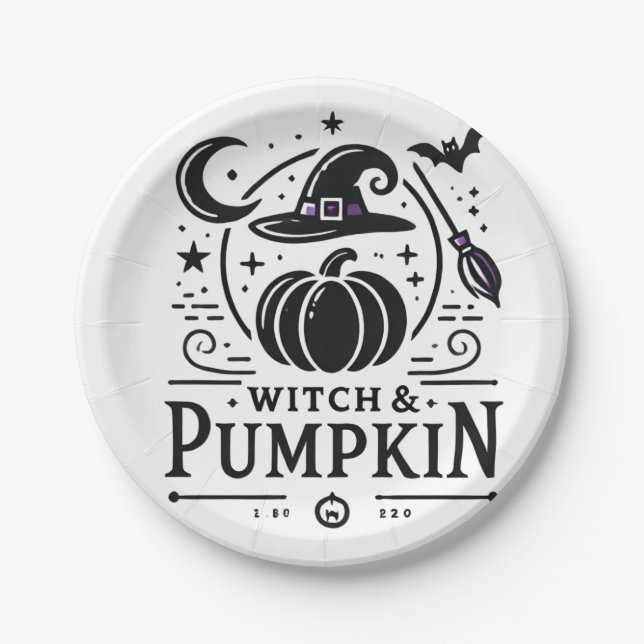 Halloween Witch Hat and Pumpkin Design Magic Art Paper Plates (Front)