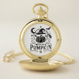 Halloween Witch Hat and Pumpkin Design Magic Art Pocket Watch