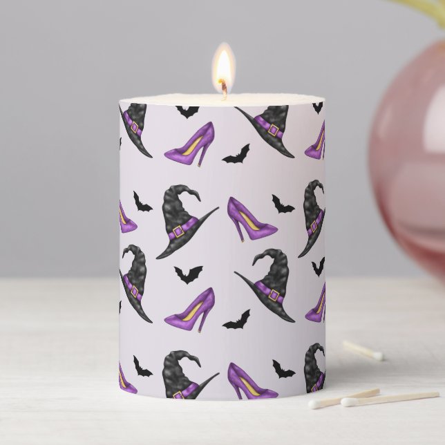 Halloween Witch Hat And Purple Heels Pattern Lilac Pillar Candle (In Situ)