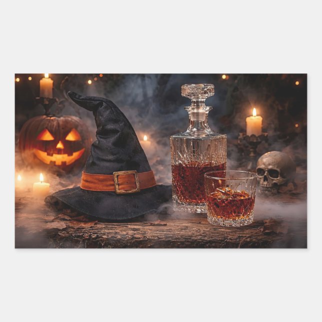 Halloween Witch Hat and Whiskey Mystical Rectangular Sticker (Front)