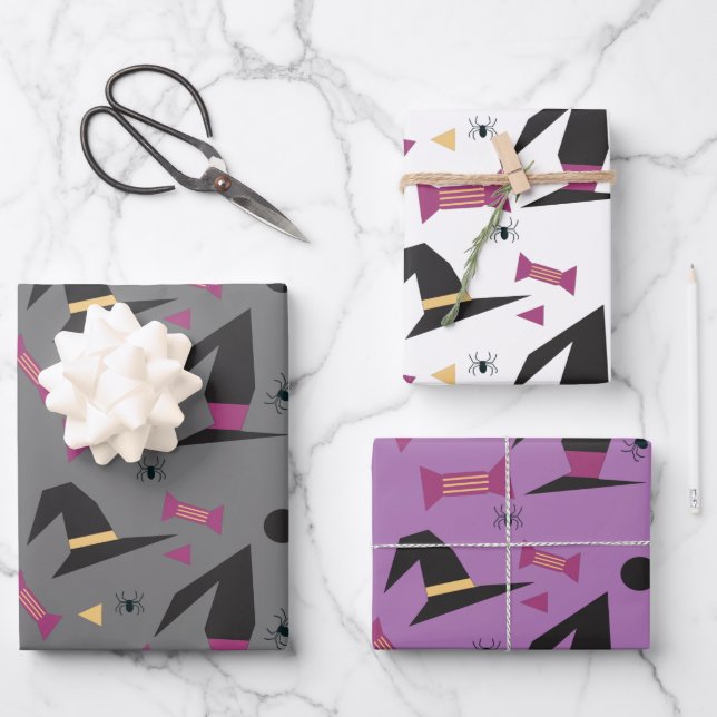 Halloween Witch Hat Candy Orange Black Purple Wrapping Paper Sheets (Front)