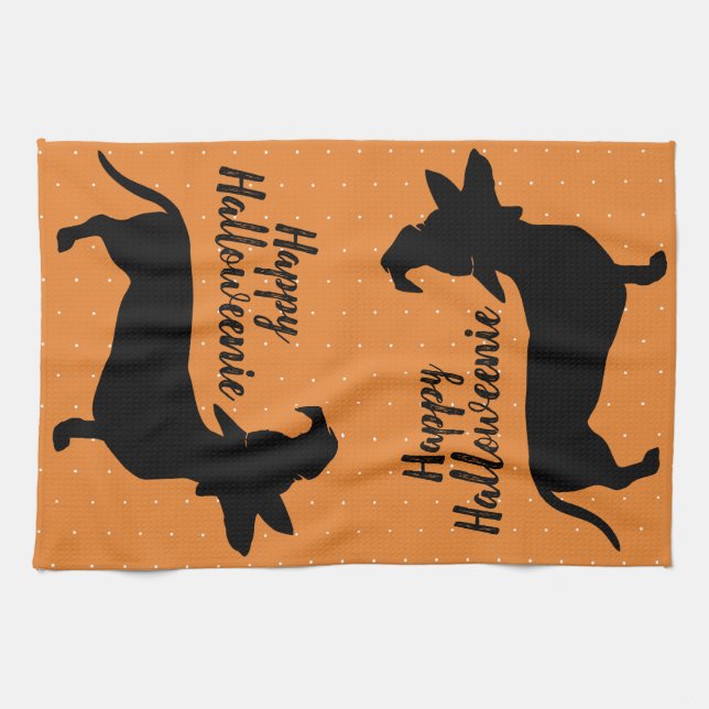 Halloween Witch Hat Dachshund Happy Halloweenie Kitchen Towel (Horizontal)