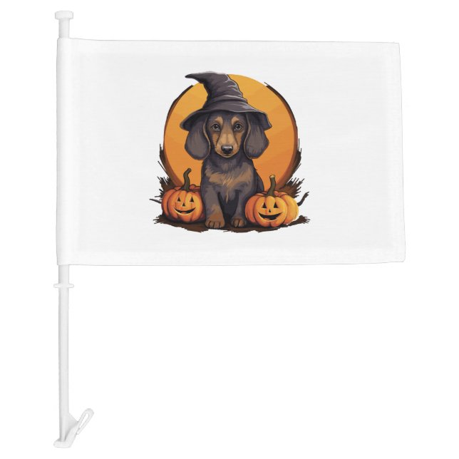 Halloween Witch Hat Pumpkin Dog Dachshund Car Flag (Front)