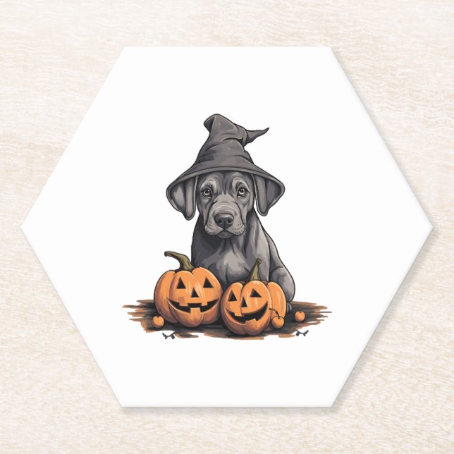 Halloween Witch Hat Pumpkin Dog Great Dane Paper Coaster (Front)