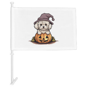 Halloween Witch Hat Pumpkin Dog Maltese Car Flag