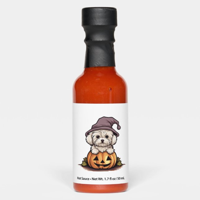 Halloween Witch Hat Pumpkin Dog Maltese Hot Sauces (Front)