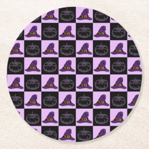 Halloween Witch Hat Pumpkin Face Spooky Pattern Round Paper Coaster