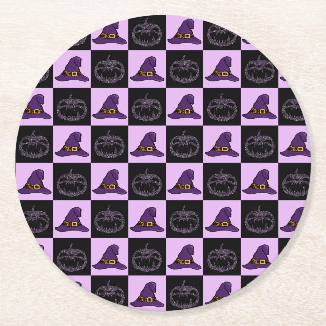 Halloween Witch Hat Pumpkin Face Spooky Pattern Round Paper Coaster (Front)