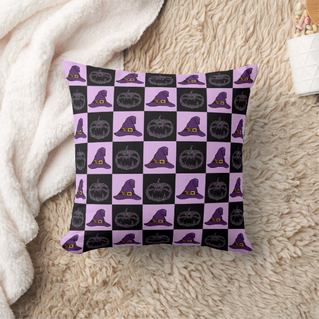 Halloween Witch Hat Pumpkin Face Spooky Pattern Throw Pillow (Blanket)