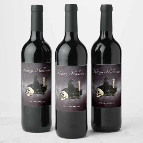 Halloween Witch Hat Skull Candle Personalized Wine Label