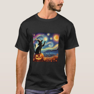 Halloween Witch Hat Starry Night Cat Van Gogh Cat T-Shirt