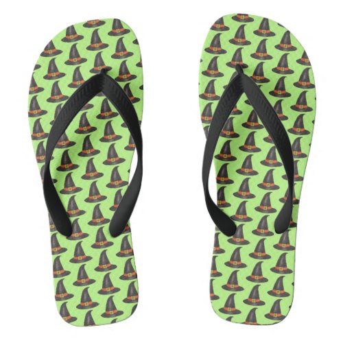 Halloween Witch Hat Trick or Treat Green Black Flip Flops