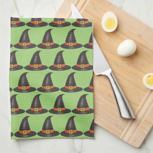 Halloween Witch Hat Trick or Treat Green Print Kitchen Towel (Quarter Fold)