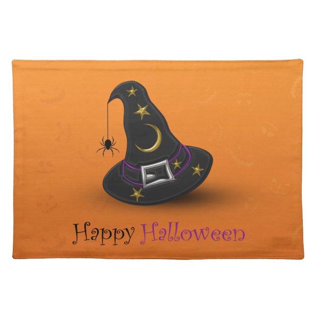 Halloween Witch Hat with Spider Cloth Placemat (Front)