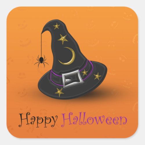 Halloween Witch Hat with Spider Square Sticker