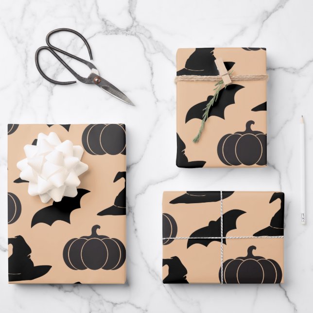 Halloween Witch Hats & Bats & Pumpkins Wrapping Paper Sheets (Front)