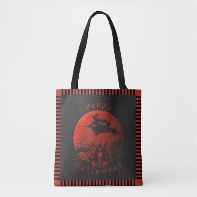 Halloween Witch & Haunted House Trick or Treat Tote Bag (Front)