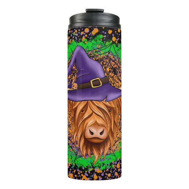 Halloween Witch Highland Cow Travel Tumbler (Front)