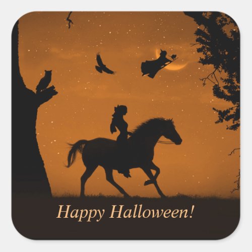 Halloween Witch Horse and Rider Cute Spooky Square Sticker