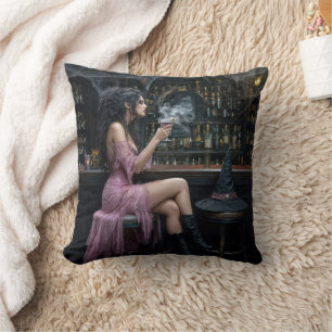 Halloween Witch in a Bar Throw Pillow