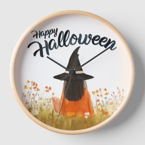 Halloween Witch in Flower Field Clock