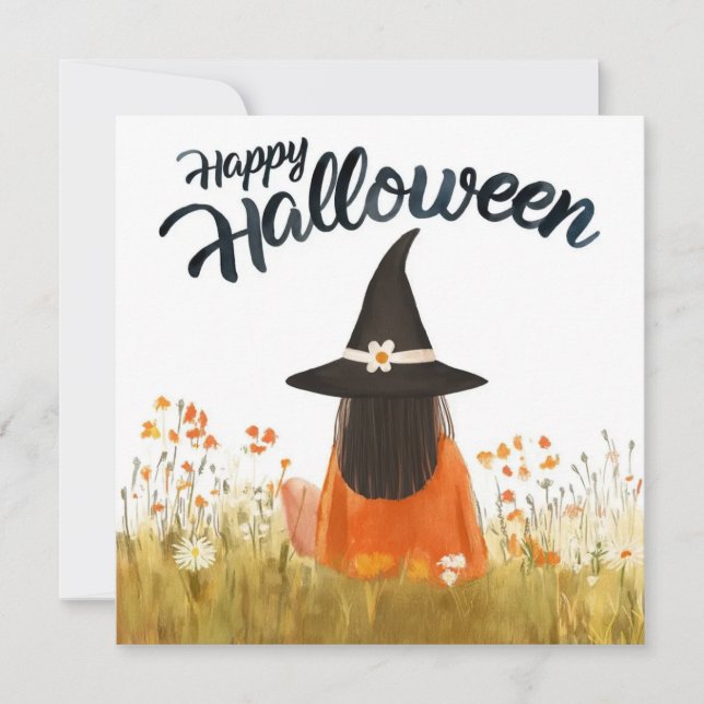 Halloween Witch in Flower Field Invitation (Front)