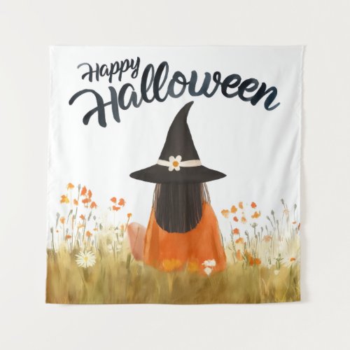 Halloween Witch in Flower Field Tapestry