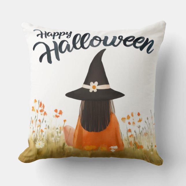 Halloween Witch in Flower Field Throw Pillow (Front)