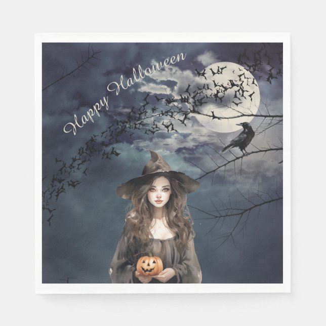 Halloween Witch in Moonlight  Napkins (Front)