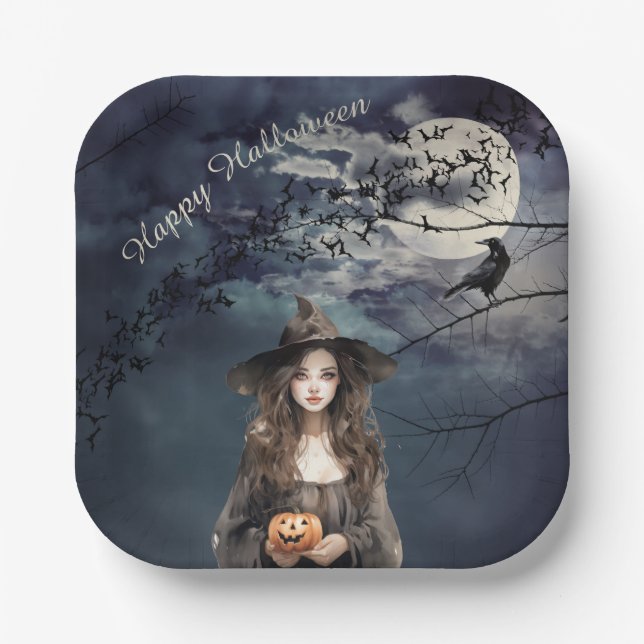 Halloween Witch in Moonlight  Paper Plates (Front)