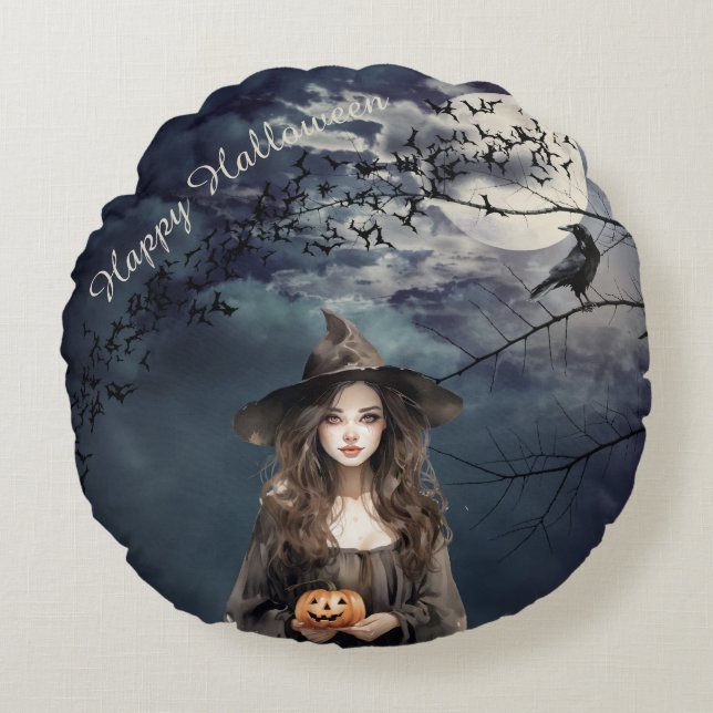 Halloween Witch in Moonlight  Round Pillow (Front)