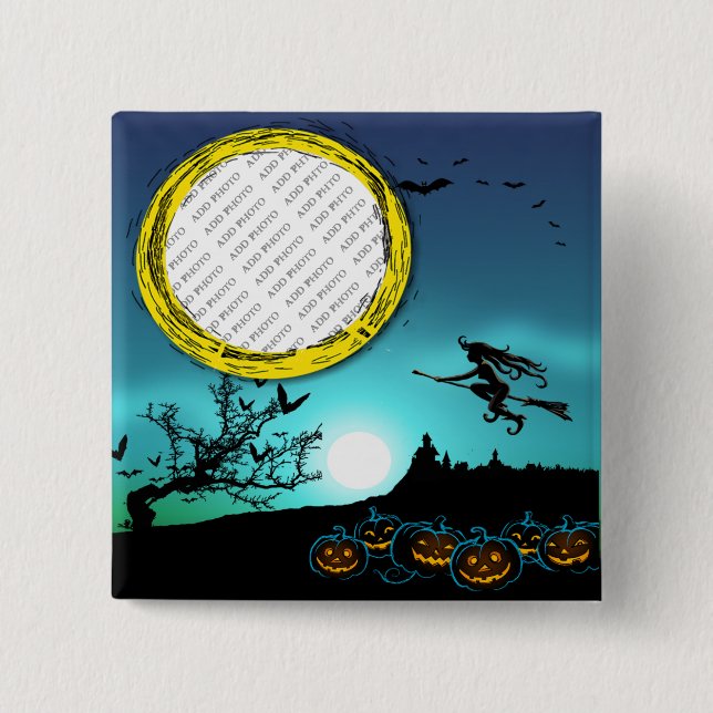 Halloween Witch, Jack o' Lanterns, Photo Frame Button (Front)