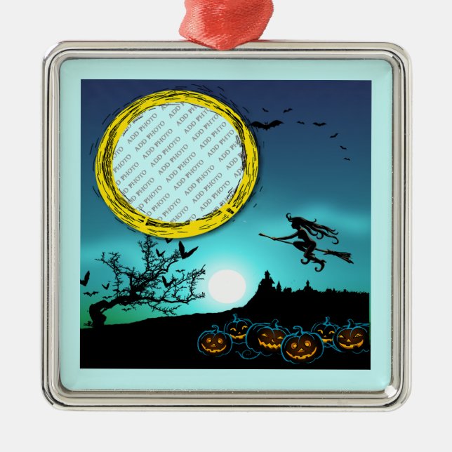 Halloween Witch, Jack o' Lanterns, Photo Frame Metal Ornament (Front)