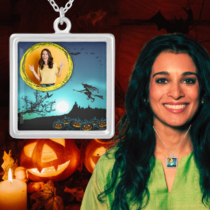 Halloween Witch, Jack o' Lanterns, Photo Frame Silver Plated Necklace