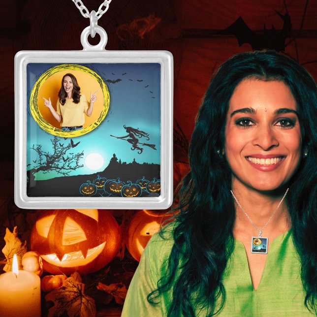 Halloween Witch, Jack o' Lanterns, Photo Frame Silver Plated Necklace (Halloween Witch, Jack o' Lanterns, Photo Frame Silver Plated Necklace)