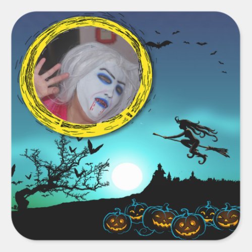 Halloween Witch Jack o Lanterns Photo Frame Square Sticker