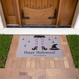 Halloween Witch Legs And Spiders With Name Purple Doormat